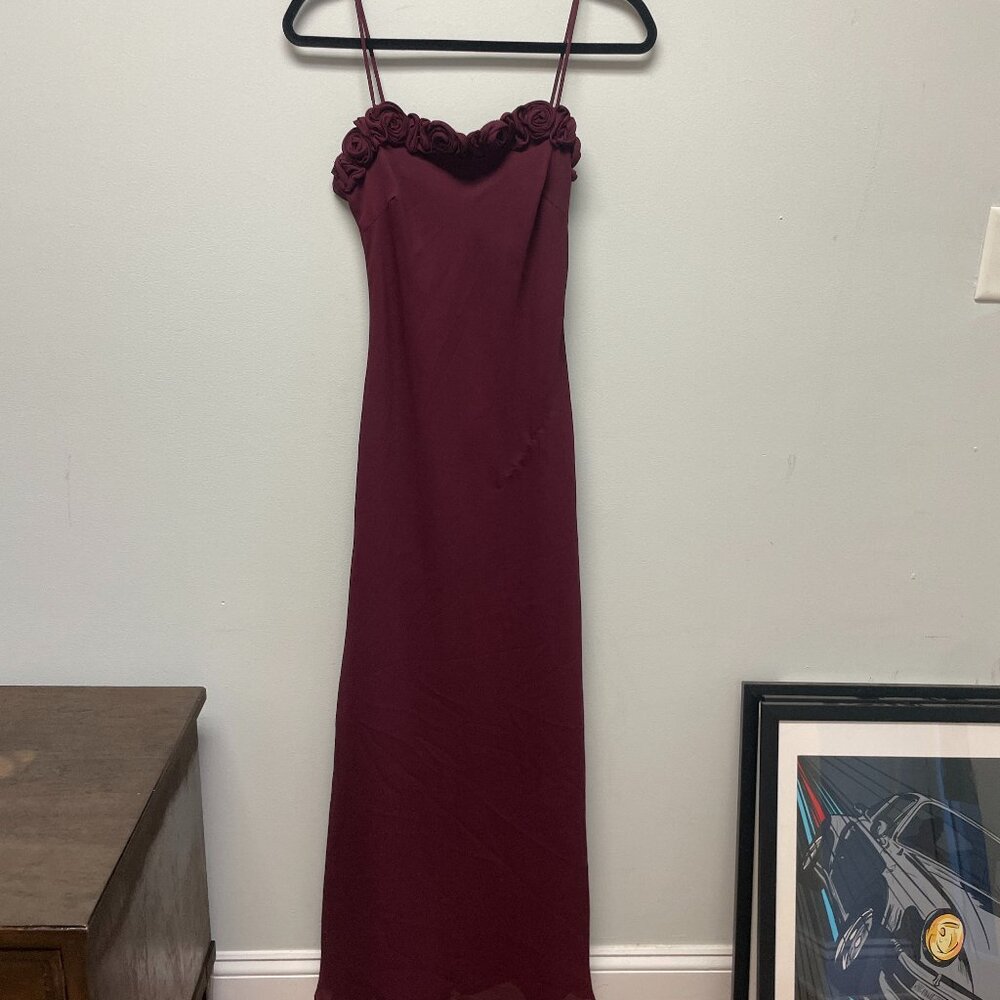 Burgundy Full Length Dress with Rose Details